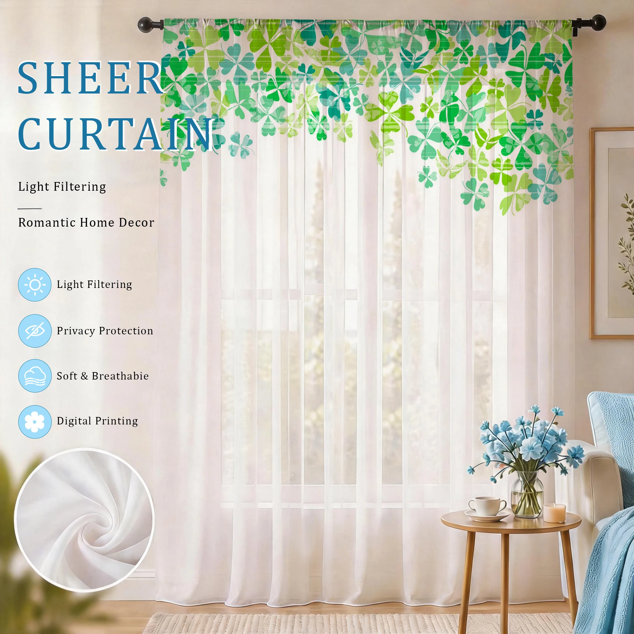 Home Office With Plants - Светло-голубая современная градиентная полупрозрачная штора, высококачественная